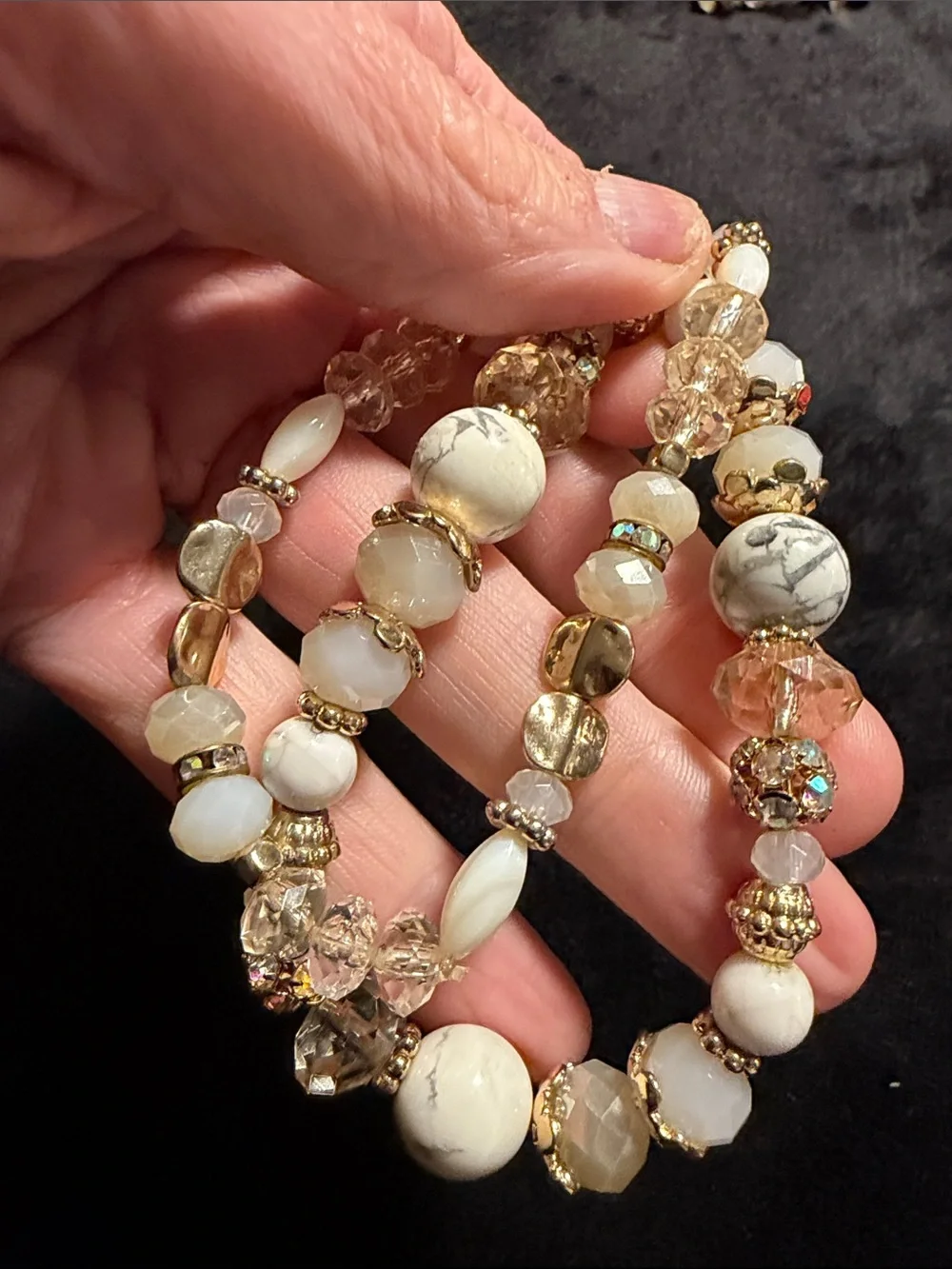 Artisan White Gold Crystal Beaded Stretch Bracelets Set of 2